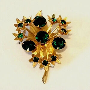 Heart Leaf Rhinestone Brooch Vintage MCM Green Gold Tone 2" x 1.5"